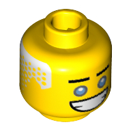 Minifig Head Zane, Straight Eyebrows, Dark Azure Eyes with Gray Outline, Wide Open Mouth Grin, White Hair on Sides and Back Print [Hollow Stud] Yellow
