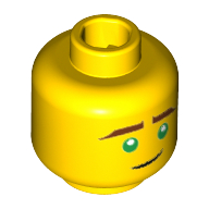 Minifig Head Lloyd, Reddish Brown Eyebrows, Green Eyes, Thin Curved Black Line Smile Print [Hollow Stud] Yellow