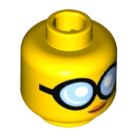 Minifig Head GPL Tech, Large Round Glasses with Bright Light Blue Lenses, Closed Mouth with Orange Lips, Slight Crooked Smile Print [Hollow Stud] Yellow