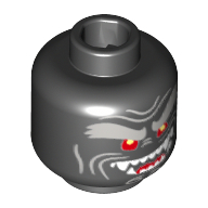 Minifig Head Garmadon, Light Bluish Gray Face Lines, Bushy Eyebrows, Red Eyes with Yellow Pupils, Open Mouth Smile Left Raised with Fangs and Red Tongue Print [Hollow Stud] Black