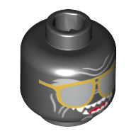 Minifig Head Garmadon, Sunglasses with Gold Frames, Light Bluish Gray Wrinkles, Open Mouth Smile with Fangs and Red Tongue Print Black