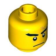 Minifig Head Shark Army, Thick Eyebrows, Large Medium Nougat Scar with Stitches, Thin Black Closed Mouth Frown Print [Hollow Stud] Gelb