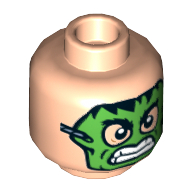 Minifig Head Masked Robber, Dual Sided, Bandaged Brow and Bruised Cheek / Green Hulk Mask Print [Hollow Stud] Light Nougat
