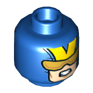 Minifig Head Giant-Man (Hank Pym), Glasses with Gold Lenses, Open Mouth Scowl with Teeth, V on Back Print [Hollow Stud] Blue