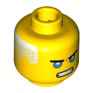 Minifig Head Zane, Eyebrows, Dark Azure Eyes, Open Mouth Scowl, White Hair on Back Print [Hollow Stud] Gelb