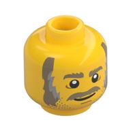 Minifig Head Chef Enzo / Horace, Dark Tan Eyebrows, Moustache, Dark Tan and Gray Sideburns, Stubble and White Pupils Print Gelb