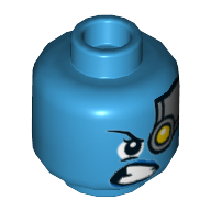 Minifig Head Nebula, Silver Head Plate with Yellow Robot Left Eye, Lopsided Scowl Print [Hollow Stud] Dunkelazur