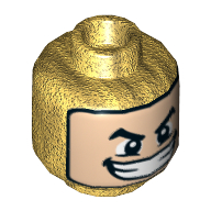 Minifig Head Loki, Balaclava, Light Nougat Face, Arched Eyebrows, Wide Smile with Teeth Print [Hollow Stud] Perlgold