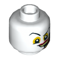 Minifig Head Joker, Raised Eyebrow, Yellow Eyes and Wide Crooked Grin with Red Lips and Yellowish Green Teeth Print [Hollow Stud] Weiß