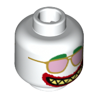 Minifig Head Joker, Green Eyebrows, Gold and Pink Sunglasses, Red Lips Makeup, Sharp Teeth, Wide Clenched Mouth / Wide Open Mouth Print White