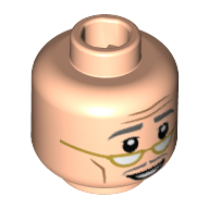 Minifig Head Alfred Pennyworth, Glasses, Forehead and Cheek Lines, Dark Bluish Gray Eyebrows and Mustache, Smile Print Light Nougat