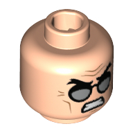 Minifig Head Hugo Strange, Thick Eyebrows, Silver Glasses, Angry, Teeth Print Light Nougat