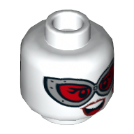 Minifig Head Harley Quinn, Dual Sided, Silver Goggles with Red Lenses, Red Lips, Teeth, Smile / Frown Print [Hollow Stud] White