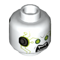 Minifig Head Berserker, Dual Sided, Lime Eyes, Angry Mouth with Fangs, Black Plates on Back Print [Hollow Stud] White