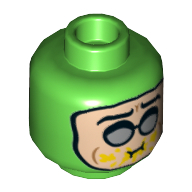 Minifig Head Condiment King, Dual Sided, Silver Glasses, Eating / Angry Teeth Print [Hollow Stud] Hellgrün