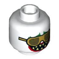 Minifig Head Joker, Green Eyebrows, Gold Grille Glasses, Red Lips, Sharp Teeth, Open Mouth / Closed Mouth with 1 Fang Print White