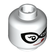 Minifig Head Harley Quinn, Dual Sided, Black Eyemask, Red Lips, Wink / Licking Lips Print [Hollow Stud] Weiß