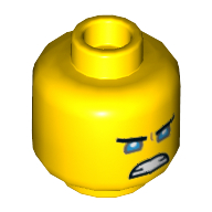 Minifig Head Zane, Angry Grin, Light Blue Eyes Print [Hollow Stud] Gelb