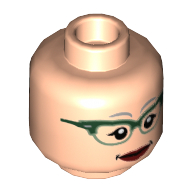 Minifig Head Nancy G. Roman, Dual Sided Female Glasses with Dark Green Frames, Open / Closed Smile Print Light Nougat