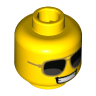 Minifig Head Firework Guy, Smile/Grin, Full Teeth, Big Sunglasses Gelb