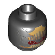 Minifig Head Outrider, Metallic Gold Comb Above and Below Red Eye, Metallic Gold Scales on Back Print [Hollow Stud] Schwarz