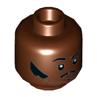 Minifig Head Lando Calrissian, Dual Sided, Eyebrows, Muttonchops, Thin Moustache, Stubble, Raised Eyebrow / Surprised Expression Print [Hollow Stud] Reddish Brown
