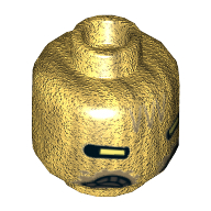 Minifig Head Quay Tolsite, Dark Tan Triangles on Forehead, White Rectangular Eyes Print [Hollow Stud] Pearl Gold