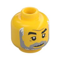 Minifig Head, Thick Eyebrows, Grey Beard and Mustache Print Yellow