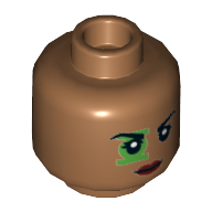 Minifig Head Green Lantern (Jessica Cruz), Dual Sided, Eyebrows, Green Lantern Logo over Eye, Red Lips Black Eyes / Green Eyes Print [Hollow Stud] Mittelnougat
