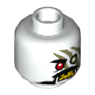 Minifig Head Iron Baron, One Red Eye, One Green Eye, Angry, Yellow Teeth, Olive Green Markings Print [Hollow Stud] Weiß
