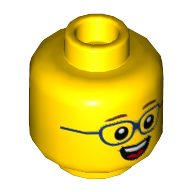 Minifig Head, Brown Eyebrows, Dark Blue Glasses, Open Mouth, teeth Gelb