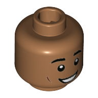 Minifig Head Dean Thomas, Eyebrows, Reddish Brown Cheek Lines, Wide Grin Print [Hollow Stud] Medium Nougat