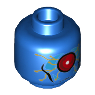 Minifig Head OMAC, Large Red Eye in Dark Azure Panel, Gold Circuitry Print [Hollow Stud] Blue