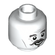 Minifig Head Nearly Headless Nick, Dark Bluish Grey Thick Eyebrows, Mustache, Goatee, Smiling / Worried Print White