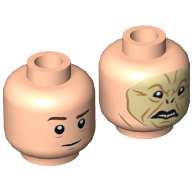 Minifig Head Quirinus Quirrell / Voldemort, Dual Sided, Raised Eyebrow / Tan Face with Scars, No Nose, Black Lips Print [Hollow Stud] Hellnougat