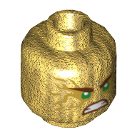 Minifig Head Lloyd, Dual Sided, Green Eyes with Gold Energy Effect, Frown / Clenched Teeth Print [Hollow Stud] Perlgold