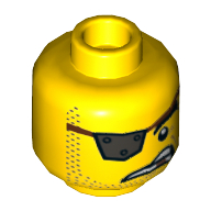 Minifig Head MetalBeard, Metal Eyepatch, Stoppled Beard, Angry Crooked Grimm, Missing Tooth Print Yellow