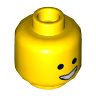 Minifig Head Emmet, Dual Sided, Open Smile with Teeth / Eyebrows, Scared with Dimples Print [Hollow Stud] Gelb