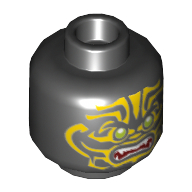 Minifig Head Scout, Olive Green Eyes, Sharp Teeth, Fangs, Red Mouth, Yellow Tribal Tattoos Print Black
