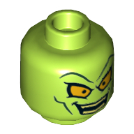 Minifig Head Green Goblin, Yellow Eyes, Mean Smile, Teeth Print [Hollow Stud] Lime