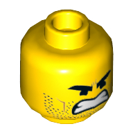 Minifig Head Rex Dangervest, Dual Sided, Eyebrows, Stubble, Open Smile / Open Mouth Angry Print [Hollow Stud] Gelb