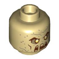 Minifig Head Sandman, Dual Sided, Reddish Brown Eyebrows, Cheek Lines, Mouth, Medium Nougat Spots, Neutral / Angry Print [Hollow Stud] Tan