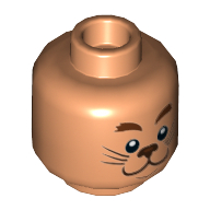 Minifig Head Lego Movie Cowardly Lion, Dual Sided, Reddish Brown Eyebrows, Dark Brown Nose and Whiskers, Smiling / Scared Print [Hollow Stud] Nougat