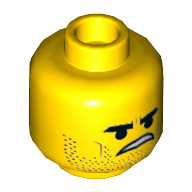 Minifig Head Rex Dangervest, Dual Sided, Stoppled Beard, Open Smile, Tongue / Angry Print [Hollow Stud] Gelb