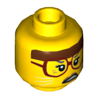 Minifig Head Sherry Scratchen-Post, Reddish Brown Headband, Dark Red Glasses, White Cat Whiskers, Scowling Print [Hollow Stud] Gelb