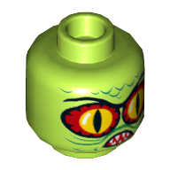 Minifig Head Swamp Creature, Large Red and Yellow Snake Eyes, Green Scales, Mouth with Tan Teeth Print [Hollow Stud] Limette