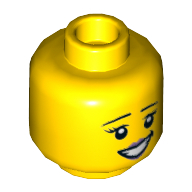 Minifig Head Crayon Girl, Dual Sided, Eyebrows, Dark Pink Lips, Smile Showing Teeth, Eyes Open / Eyes Closed Print [Hollow Stud] Yellow
