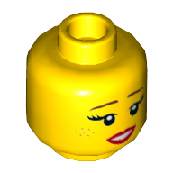 Minifig Head Hula Lula, Dual Sided, Reddish Brown Eyebrows, Freckles, Red Lips, Medium Smile / Large Smile Print [Hollow Stud] Gelb