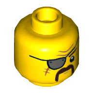 Minifig Head Fuse, Metal Eyepatch, Scar, Wrinkles, Walrus Mustache Print [Hollow Stud] Gelb
