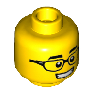 Minifig Head Black Glasses, Thick Eyebrows, Grin/Smile, Open Mouth, Teeth Gelb